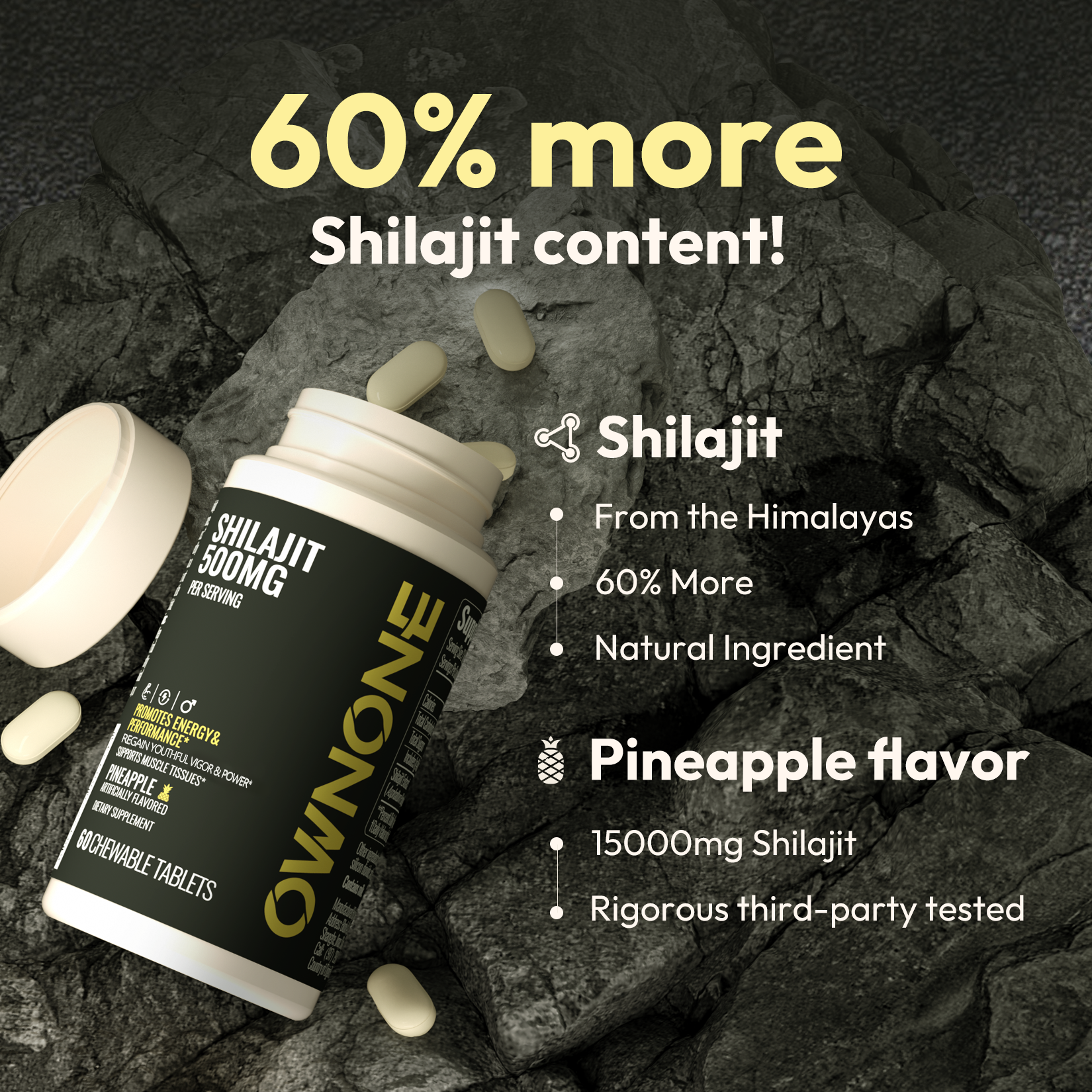 OWNONE Shilajit 500MG – Energy & Vitality Boost, Pineapple Flavor
